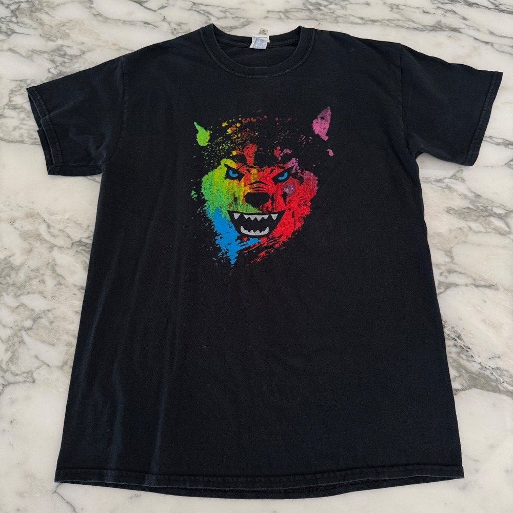 vintage 90s WOLF NEON FACE Husky‎ Rumble 2015 ACID WASH T-Shirt Size M